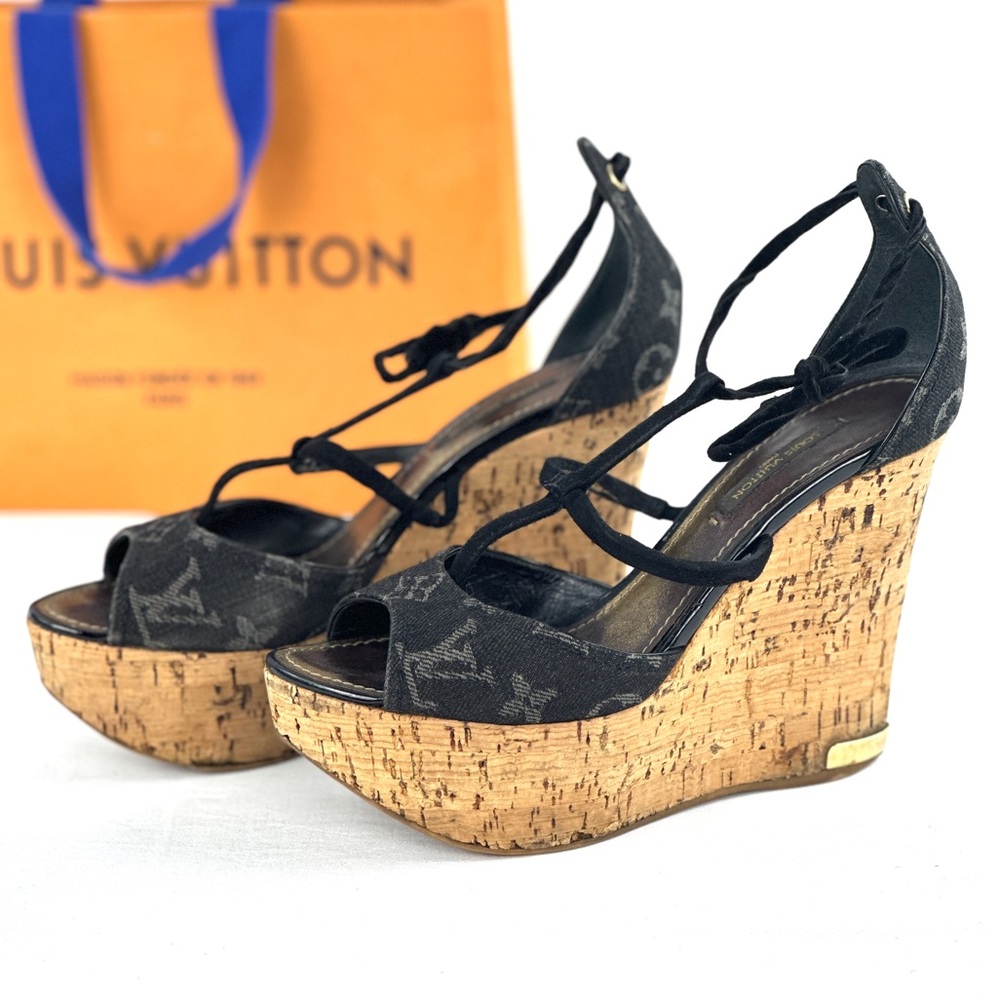 ❌SOLDX 💎Louis Vuitton Black Denim Wedges - Picture 1 of 16